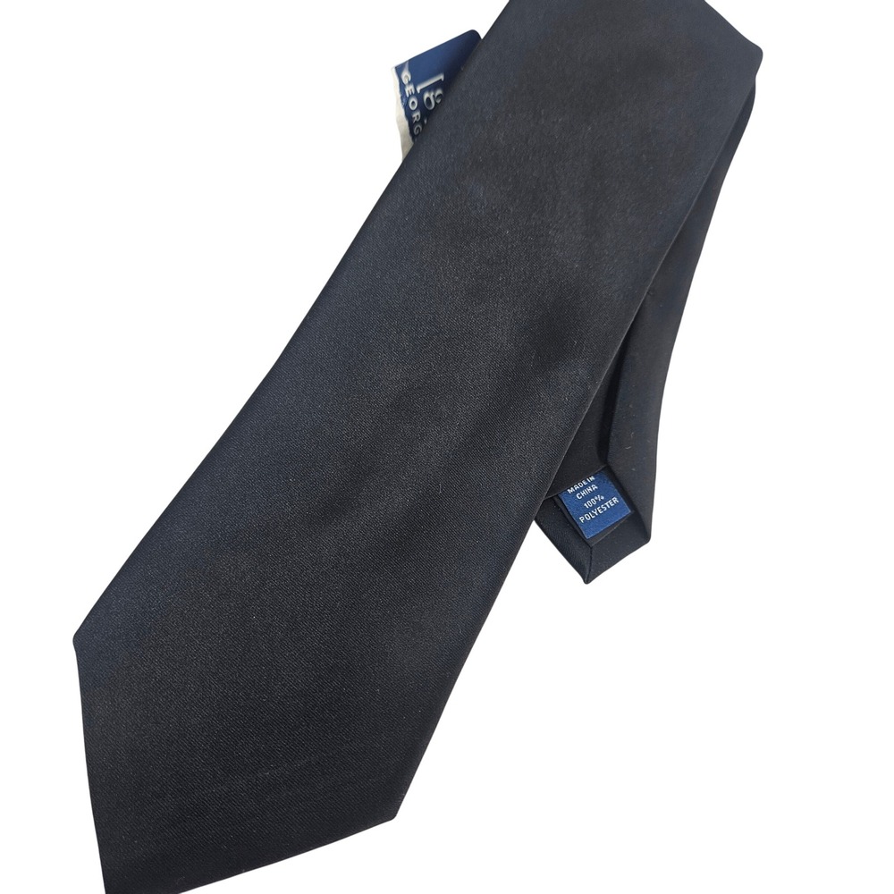 NWT George Classic Solid Black Satin Solid Necktie Mens XL 100 Percent Polyester